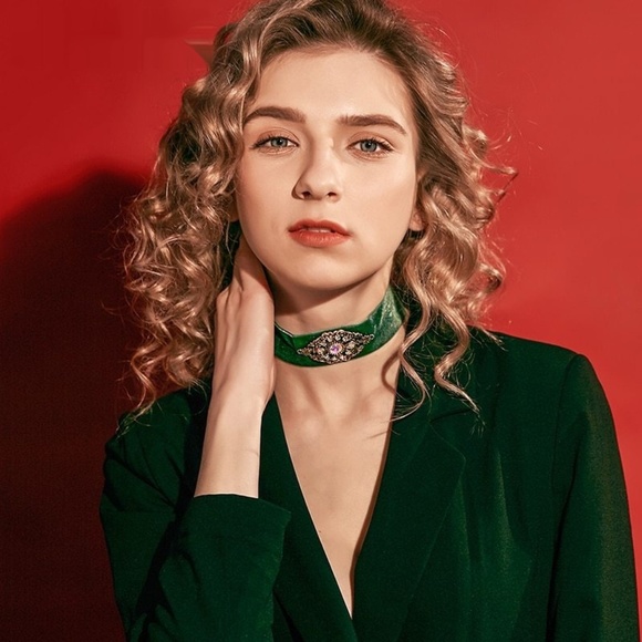Retro Green Velvet Choker Necklace Statement Thick - Picture 4 of 6
